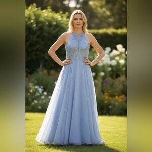Mon Cheri Light Blue Lace Prom Dress